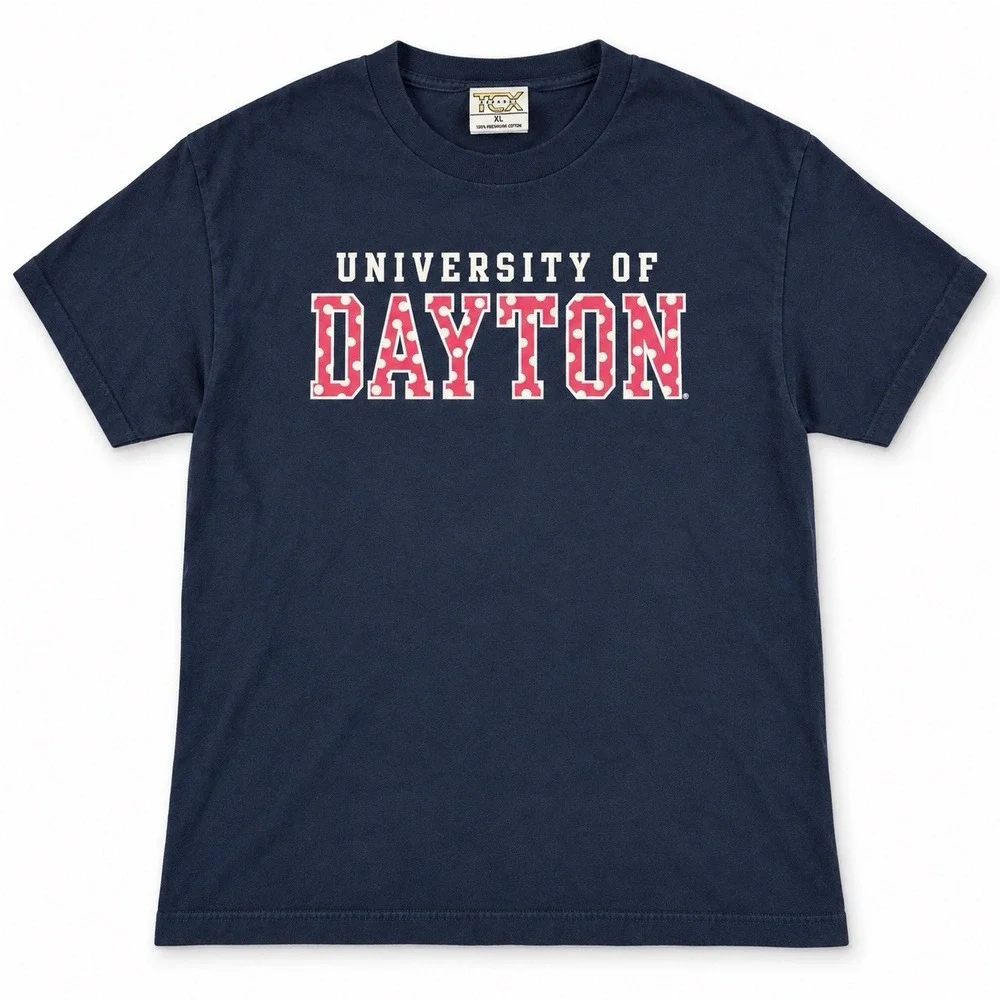 University of Dayton T-Shirt XL Navy Pink Polka Dot Flyers College Tee TCX